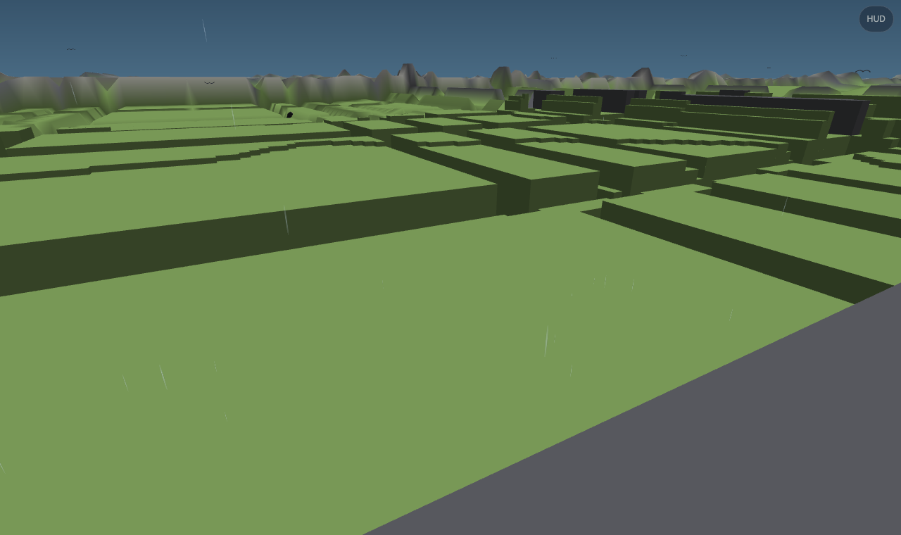 A green plateau with dark trenches cut through it in a repeating grid