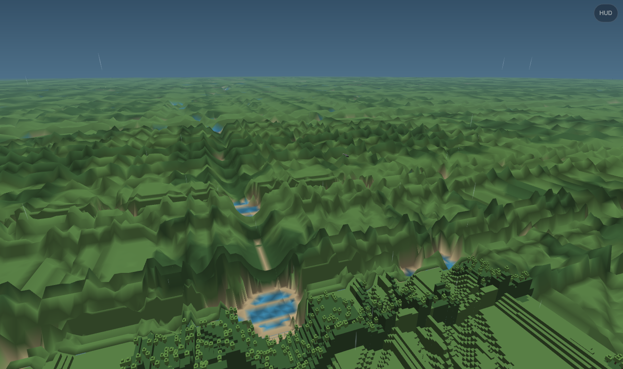Rolling green mesas and benches with rivers cutting through them, lakes and sand banks