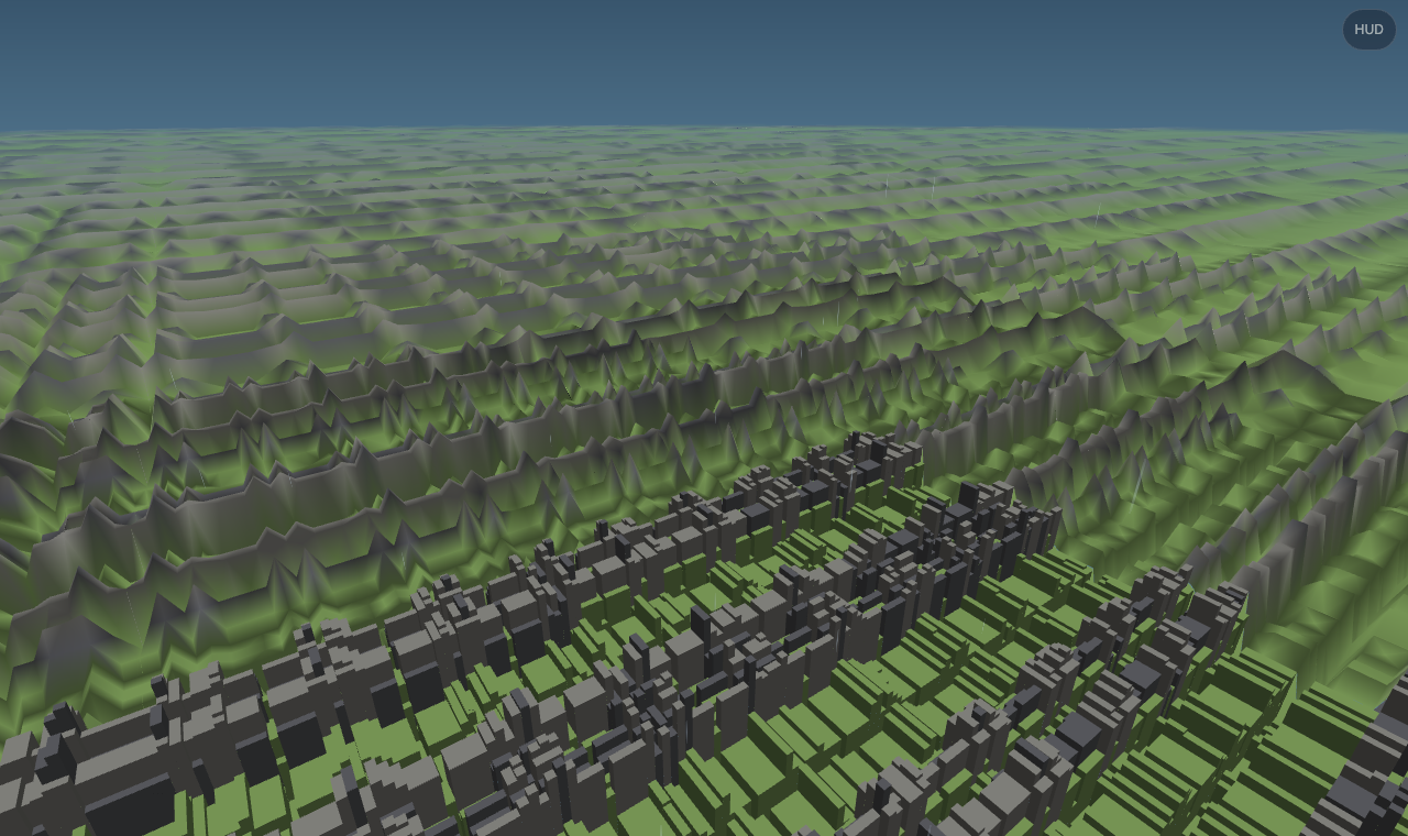 Green terraced ridges in repeating bands running to the horizon, with blocky near chunks in the foreground
